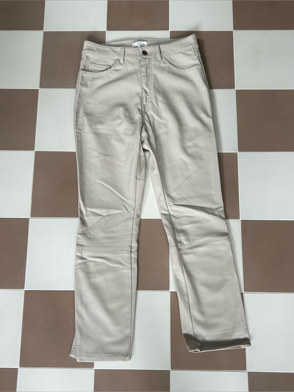 H&M Faux Leather Straight Leg Pants Size 6 Beige Taupe